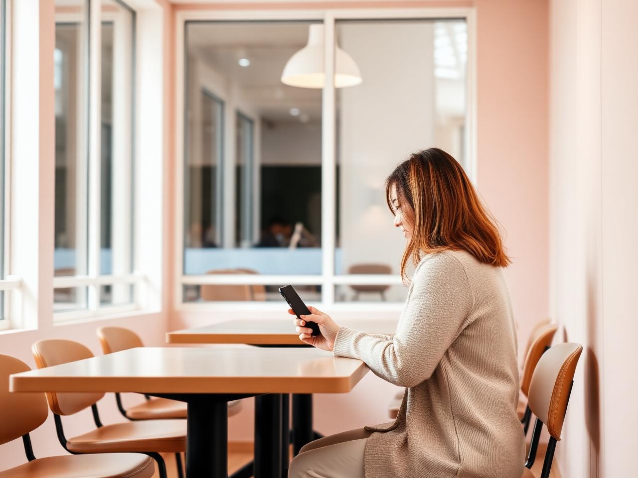 Une personne assise dans un café lumineux consulte l'application HER sur son téléphone